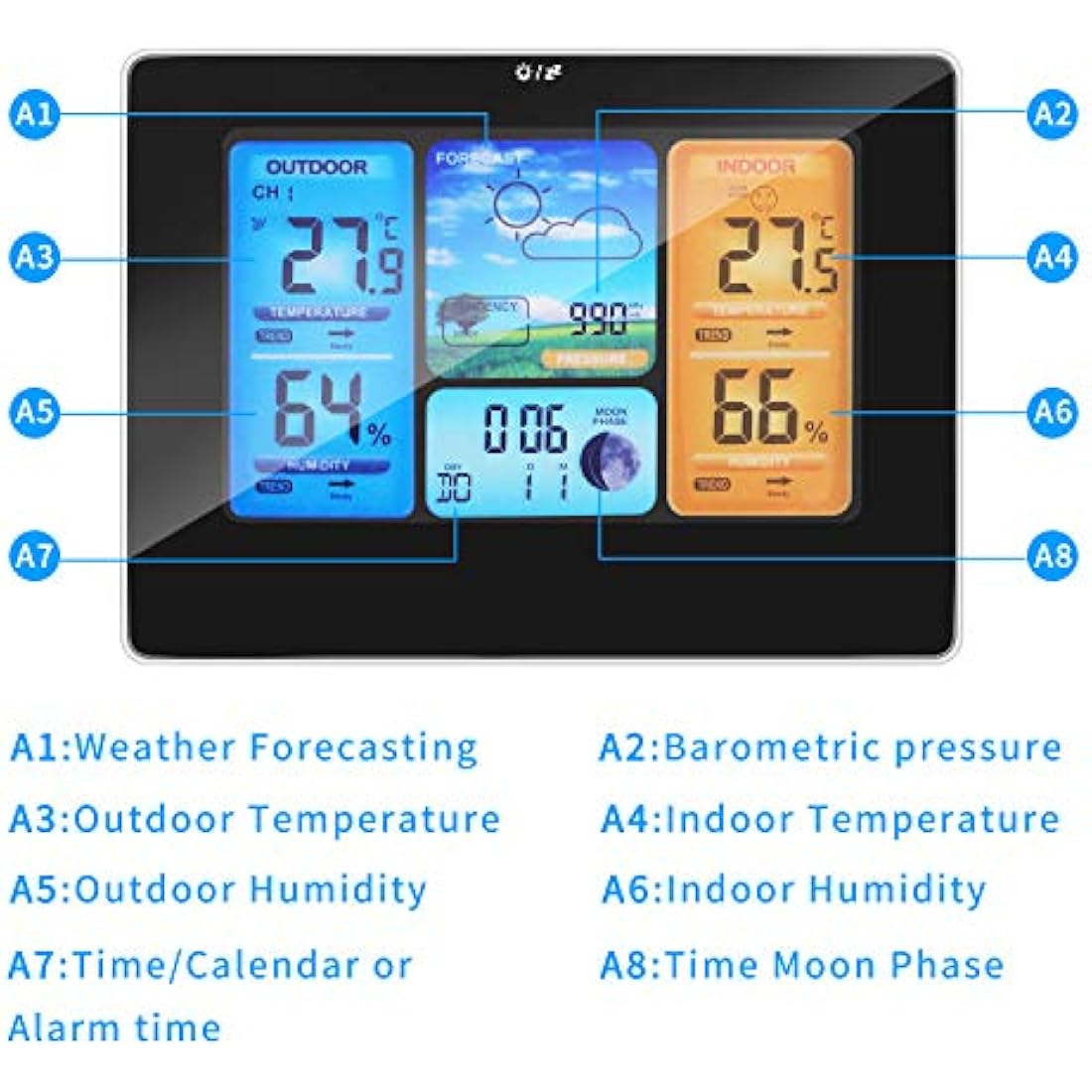 Powcan Weather Stations Wireless Indoor Outdoor with Alert and Temperature/Humidity/Barometric/Forecast/Moon Phase/Alarm Clock, LCD Digital Weather Station with Outdoor Sensor for Home Office (Black)
