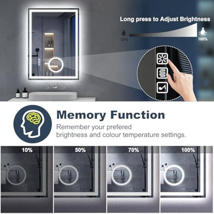 S'bagno Bluetooth Bathroom Mirror with LED Lights 80x60cm, LED Mirror Bathroom with 5x Magnifier, Anti-Fog, 3000-6500K, Dimmable, Memory, HD Tempered Glass, IP44 Waterproof, Horizontal/Vertical