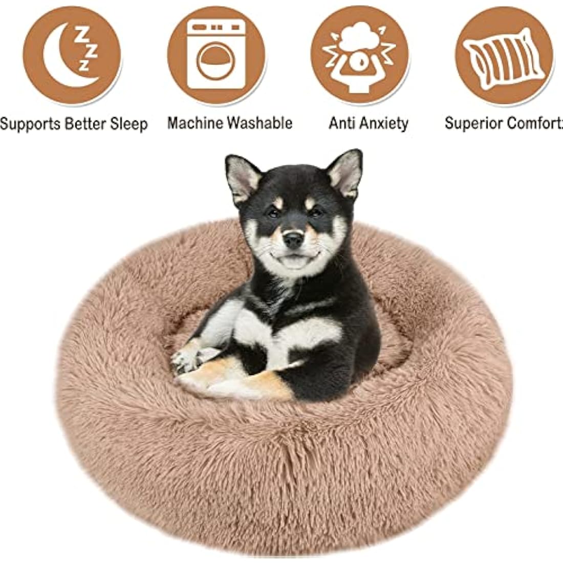 Comfy Calming Dog Beds Medium Washable,Anti Anxiety Donut Ped Bed,Luxury Warm Fluffy Improved Sleep Amazingly Cat Bed Cuddler,Anti-Slip Bottom Round Puppy Bed for Small Medium Cat Dog（L,Beige Brown）
