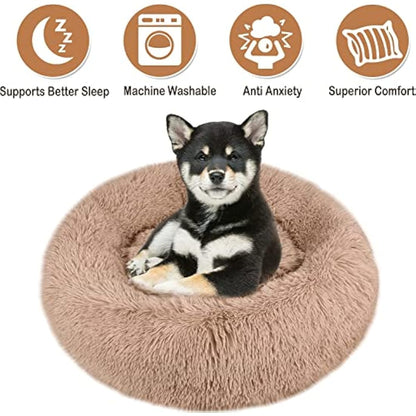 Comfy Calming Dog Beds Medium Washable,Anti Anxiety Donut Ped Bed,Luxury Warm Fluffy Improved Sleep Amazingly Cat Bed Cuddler,Anti-Slip Bottom Round Puppy Bed for Small Medium Cat Dog（L,Beige Brown）