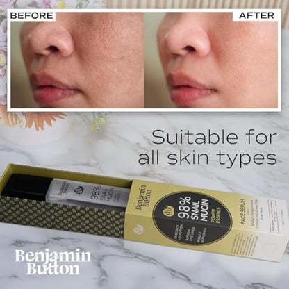 98% Snail Mucin Serum - Benjamin Button® | Hydrating, Anti-Aging, & Brightening with Hyaluronic Acid, Niacinamide, Green Tea, Aloe Vera | Ideal for Sensitive Skin & All Skin Types