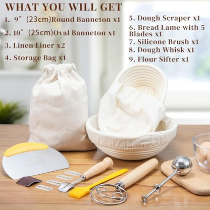 Sopito Sourdough Starter Kit, 9" Round & 10" Oval Banneton Proofing Basket Set with Bread Lame, Dough Whisk, Cloth Liners & Storage Bag, Bakery-Grade Sourdough Prooving Basket