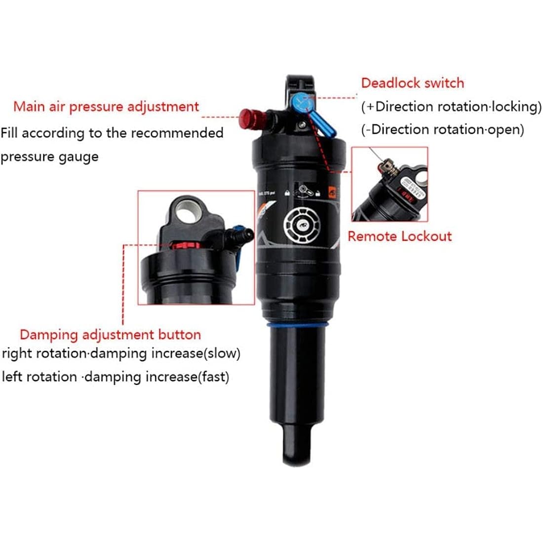 splumzer Mountain Bike Shocks Absorber Air Rear Shock - Rebound/Lock Out/Air Pressure Adjustable (200MM, Remote Lockout)