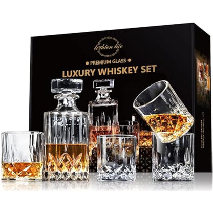 LIGHTEN LIFE 5 Piece Whiskey Decanter Set With 4 Glasses in Gift Box - Non-Lead Crystal for Bourbon, Scotch - Perfect for Men, Dad, Husband