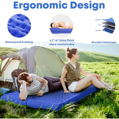 MAMBAKOTR Camping Air Bed 12-15CM Extra Thick, Reinforced Support Structure with Built-in Foot Pump and Pillow Portable Camping Sleeping Mat Air Mattress for Tent Backpacking Hiking Travel