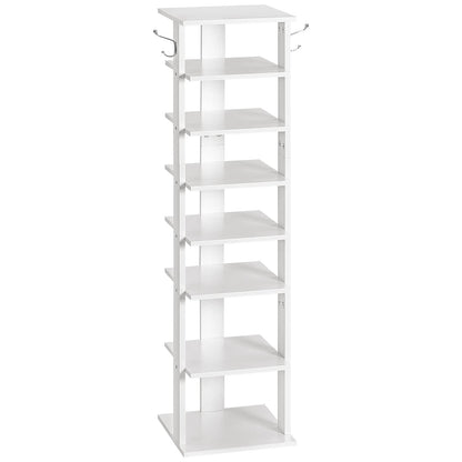 HOOBRO Shoe Rack Wooden, White Shoe Shelf, Tall, Narrow Shoe Storage Organizer with 2 Hooks, Vertical Shoe Tower for Entrance, Living Room, Hallway