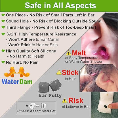 WaterDam Swimming EarPlugs Ultra Comfy Great Waterproof Prevent Swimmer'sEar(Size 2+2+2: Kids Teens MediumEar Women SmallEar Men (Green Orange Pink))