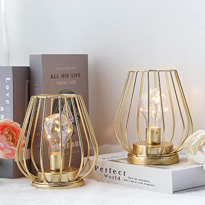 TRIROCKS 2 Set of Metal Battery Operated Table Lamp 17cm Tall Mini Cage Shape Cordless Lanterns with Warm Fairy Lights Bulb for Patio Garden Wedding Parties Indoor Outdoor (Gold)