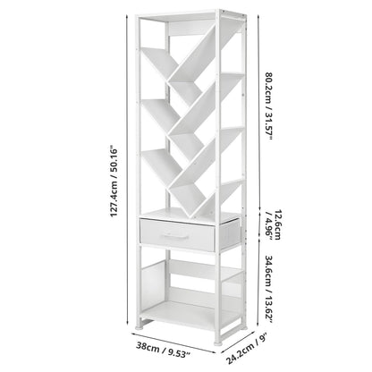 ruboka Tree Bookshelf with Side Table, Tall Bookcase with Storage Cabinet, Floor Standing Modern Narrow Bookshelves Organizer for Bedroom/Living