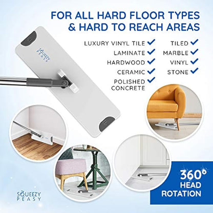 SqueezyPeasy Premium Flat Mop and Bucket Set - Separates Clean & Dirty Water - Compact & Lightweight - 3 Chamber Floor Cleaning System - 360 Rotating Head - 5 Microfibre Reusable Mop Pads Included