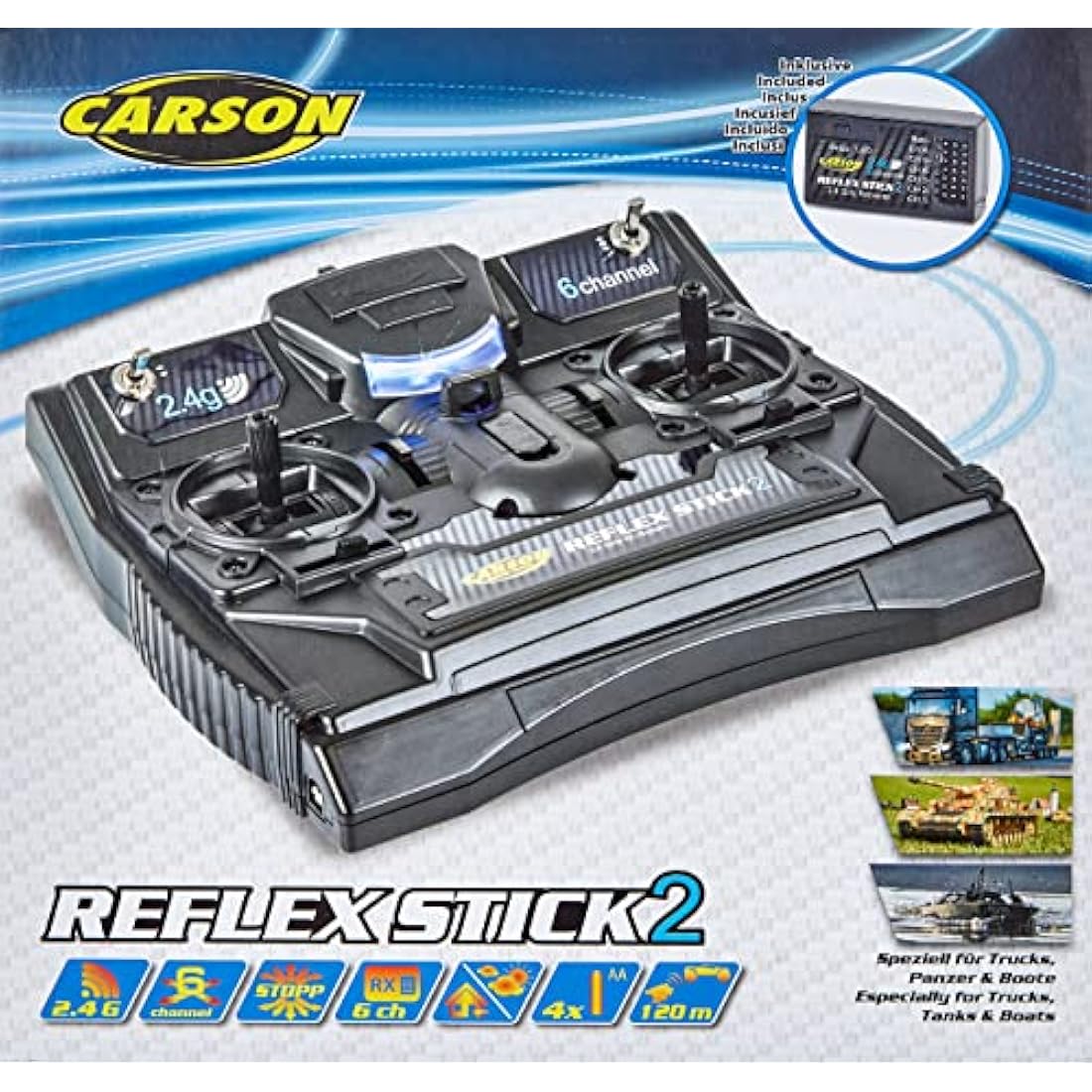 Carson 500501006 FS Reflex Stick II 2.4 GHz - 6 Channel Remote Control with Receiver for Model Vehicles such as RC Cars and Ships, Black
