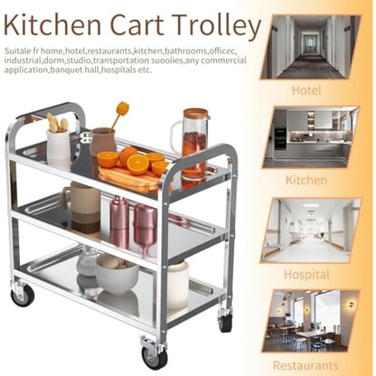 TAIMIKO Stainless Steel Utility Cart - 3-Tier Kitchen Trolley, Restaurants Serving Trolley with Locking Wheels, For Garage, Restaurants, Hotels, Size: 625x315xH800mm