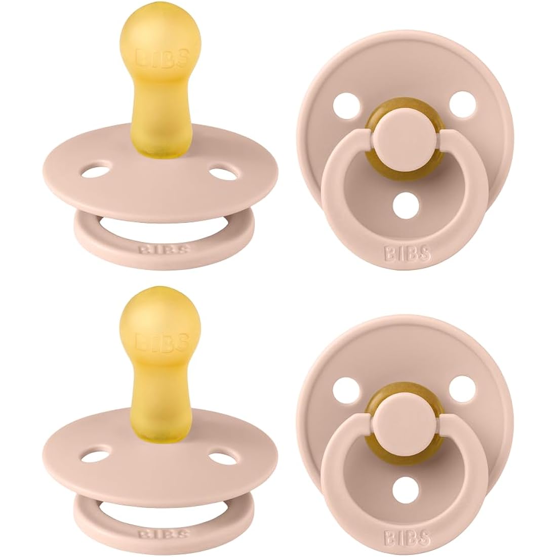BIBS Dummies Colour 4-Pack, BPA Free Dummy Pacifier, Round Nipple Soothers, Natural Rubber Latex, Made in Denmark, Size 2 (6-18 Months), Blush