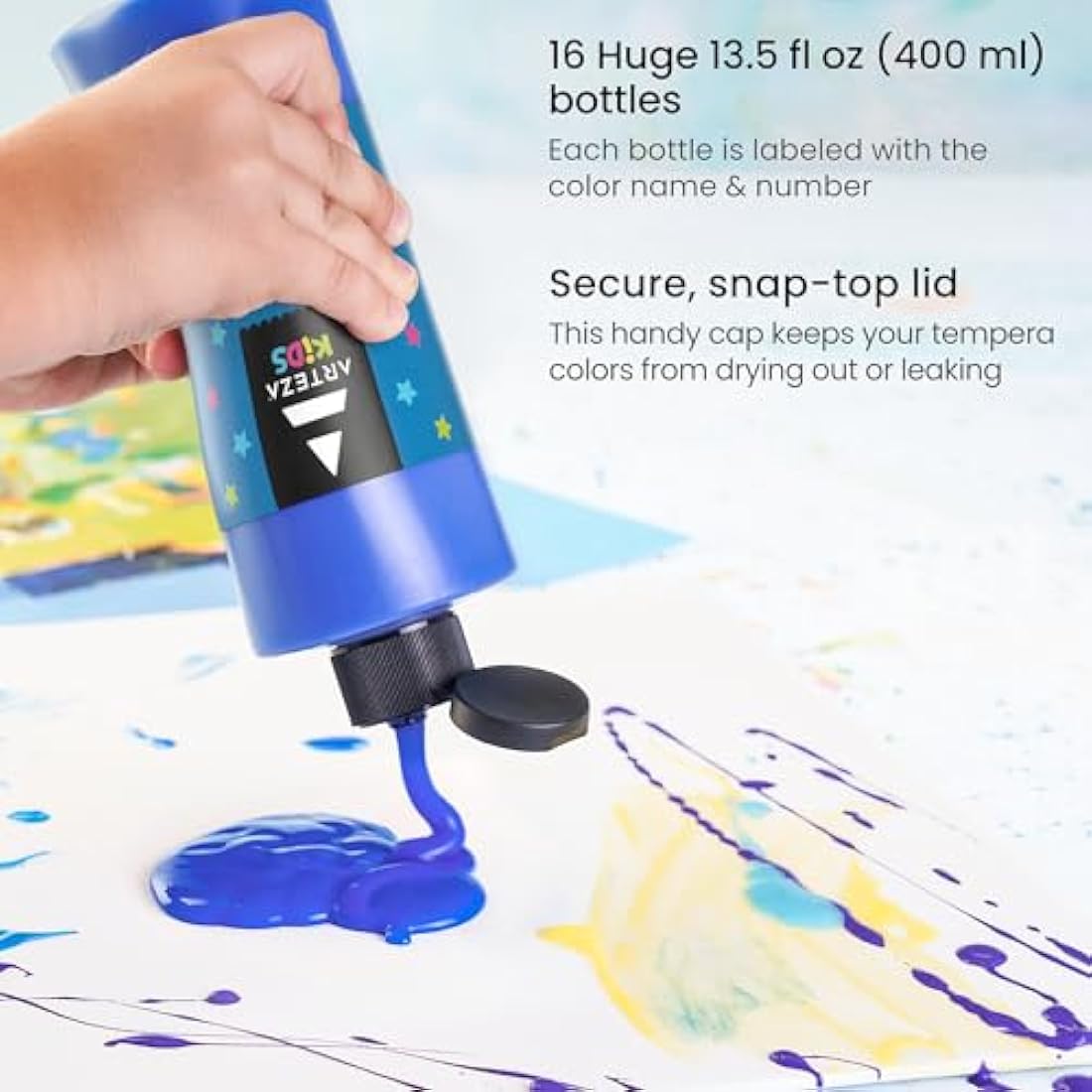 Arteza Kids Tempera Paint Set, 16 Rich, Non-Toxic Washable Colors, 400 ml, Art Supplies for Easter Egg, Finger, and Poster Painting