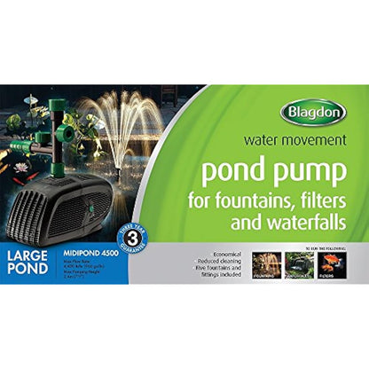 Blagdon Midipond High Performance Pond Pump to Run Fountains, Waterfalls & Filters, 5 Fountain Heads, Adjustable Extension Pipes, Fittings Included, Easy Clean, for Ponds up to 4620 Litres, Black