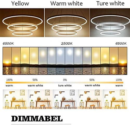 Modern LED Pendant Light, 3 Rings Collection White Paint, Adjustable Hanging Light Chandelier Contemporary Ceiling Light, Dimmable 2700K - 6500K, with Remote Control - 78W
