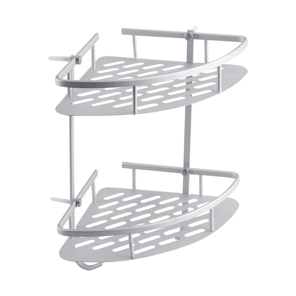 Ejoyous 2 Tier Corner Shelf, Aluminum Alloy Bathroom Corner Rack Shower Shelf Organiser, No Drill Space Saving Towel Bar Basket Caddy Organiser with