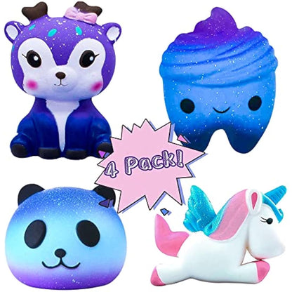 Squishies Toys, hirsrian Slow Rising Squishy Toys Galaxy Jumbo Squishies Scented Stress Relief Squeeze Pack Include Deer Tooth Panda Unicorn for Kids Adults