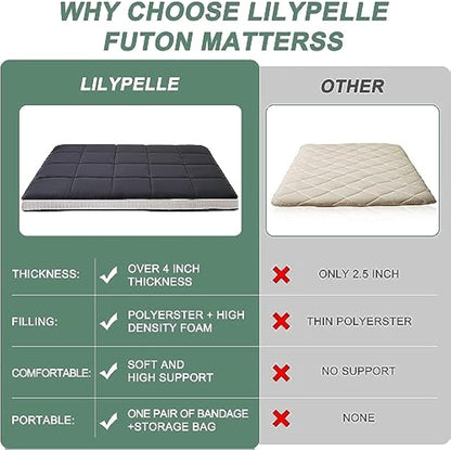 ZIKEBTUY Floor Mattress Japanese Futon Double Mattress Topper - 10cm Thick Foldable Tatami Mat Sleeping Bed Pad for Guests, Dormitories, Camping, Sofas & Loungers - Black, 203 * 137 * 10CM