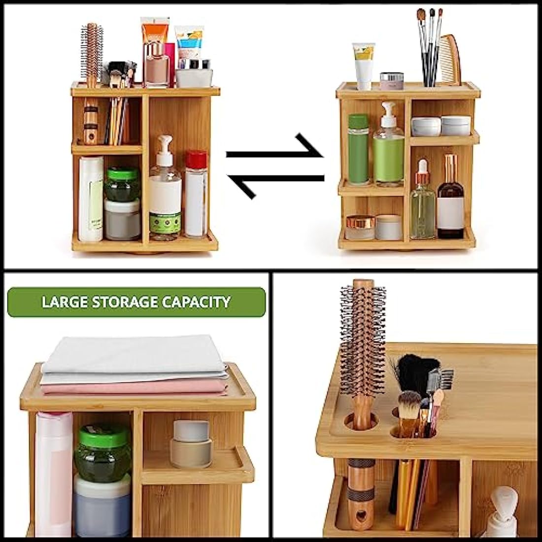 BELLE VOUS 360 Degree Rotating Makeup Organiser - Large Spinning Cosmetic Storage Holder - Bamboo Carousel Vanity Stand for Bathroom/Bedroom Countertop - Lipstick, Makeup Brushes & Cosmetics Box