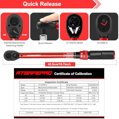 ATsafepro Torque Wrench 1/2 Inch 20-230 Nm, Dual-Direction Adjustable Wheel Torque Wrench, Accuracy ± 3% 72 Tooth Drive Click for Automobile Maintenance
