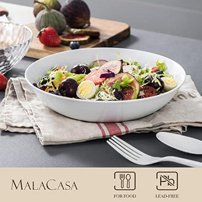 MALACASA, Series Regular, 8'' Pasta Bowl, Porcelain Salad Pasta Bowl, Large Ceramic White Soup Bowl Set, Serving Plates for Salad Pasta Soup Fruit, Microwave Dishwasher Safe, Set of 4