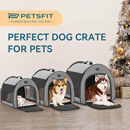 PETSFIT Soft Dog Crate Large, Travel Dog Crate - 30 Inch Lightweight, Roomy, Easy to Set Up, Portable Pop Up Dog Carrier with Thick Mat, Sturdy Portable Cat Kennel, Grey