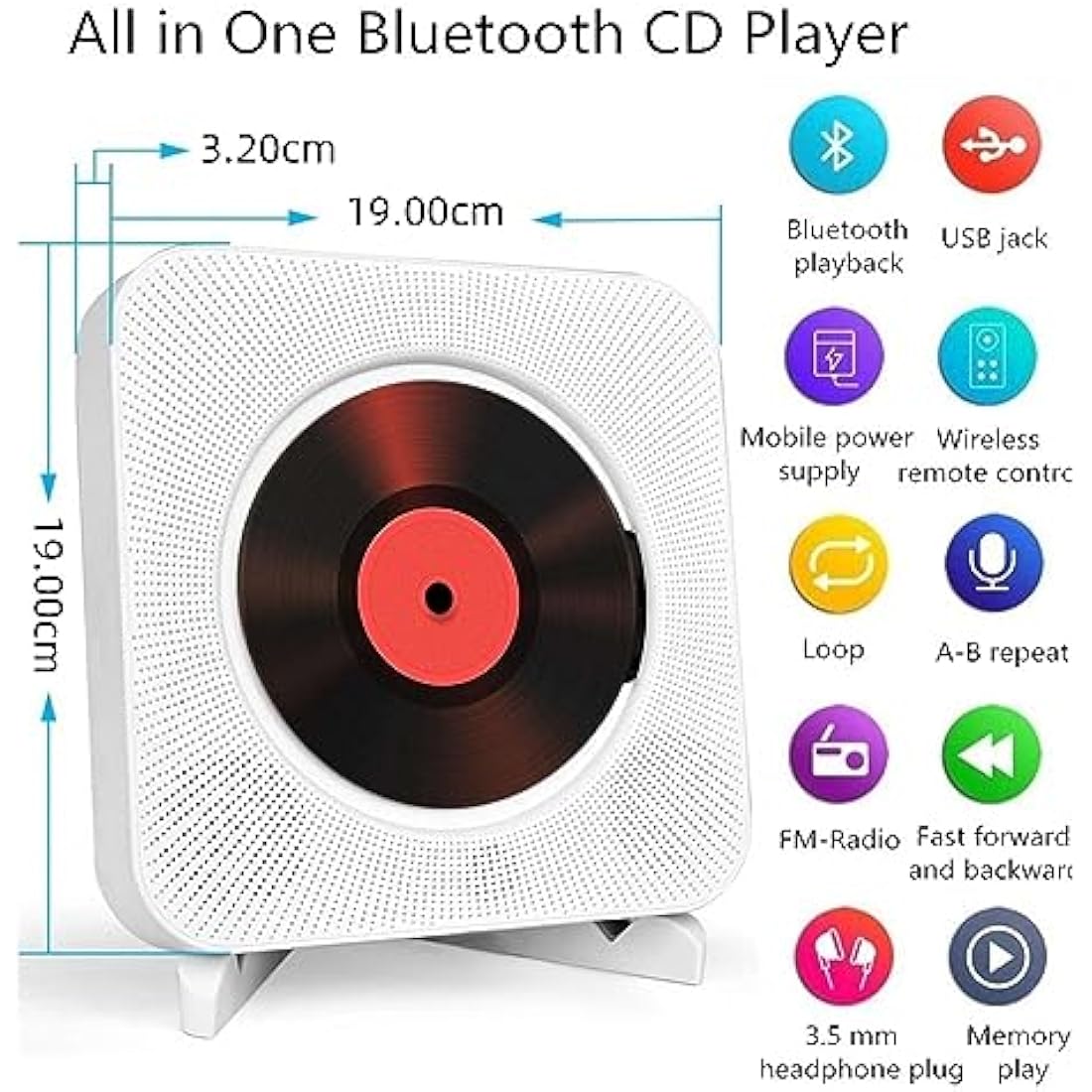 Adirigo Desktop Portable CD Player with Bluetooth - Multifuctional Wall Mounted Music CD Player Built in HiFi Speakers Home Audio Boombox with Remote Control Input Output with Pulling Switch（White）