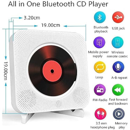 Adirigo Desktop Portable CD Player with Bluetooth - Multifuctional Wall Mounted Music CD Player Built in HiFi Speakers Home Audio Boombox with Remote Control Input Output with Pulling Switch（White）