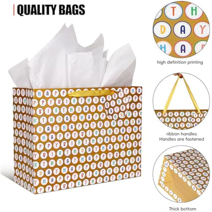 Giiffu 16.5'' Extra Large Gift Bags for Birthday Party with Card and Tissue Paper (Pack of 2, Happy Birthday), Gold and White