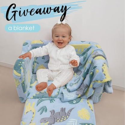 MeMoreCool Kids Couch Sofa, Folding Toddler Chair Bed, Soft Plush Fold Out Kids Armchair Sofa Glow in The Dark, Comfy Baby Recliner for Girls Boys, Glowing Dinosaur, Blue