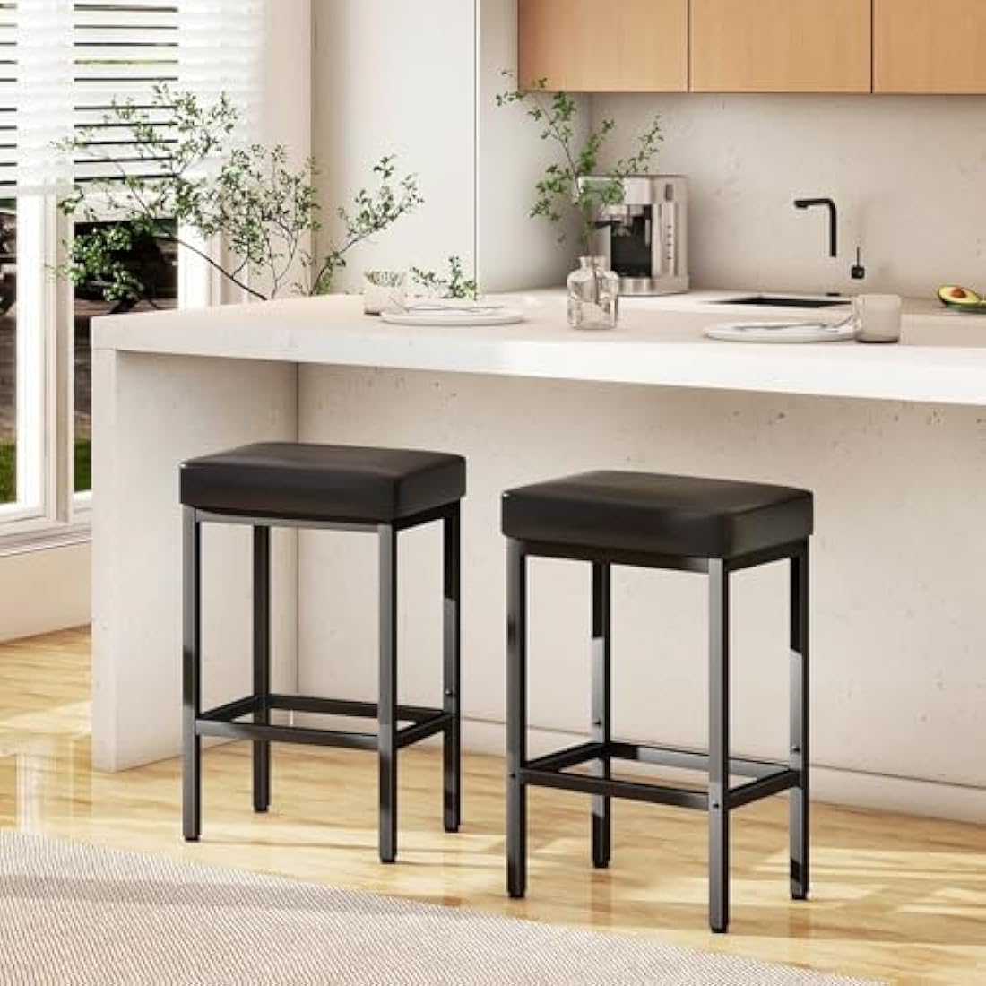 YMYNY Bar Stools, 66 cm Bar Stools Set of 2, Black Breakfast Bar Stools, PU Leather Barstools, Bar Stool Chair with 6 cm Thick Cushion and Metal Base for Kitchen Counter, Island Counter, Pub, HBS513B