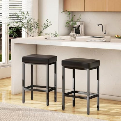 YMYNY Bar Stools, 66 cm Bar Stools Set of 2, Black Breakfast Bar Stools, PU Leather Barstools, Bar Stool Chair with 6 cm Thick Cushion and Metal Base for Kitchen Counter, Island Counter, Pub, HBS513B