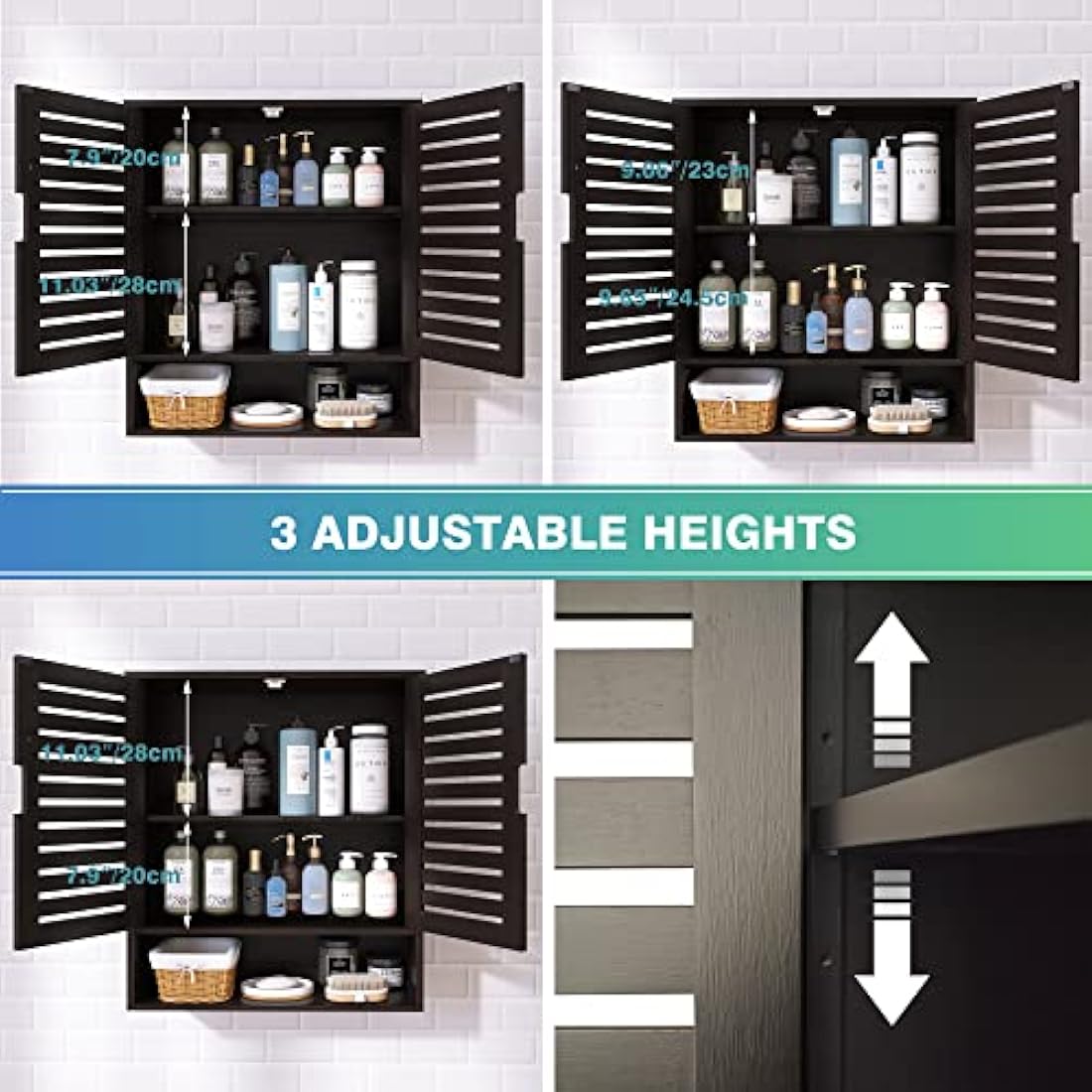 SMIBUY Bathroom Cabinet Wall Mounted, Bamboo Over-The-Toilet Storage Organizer, Space Saver Medicine Cabinet with 2 Door and Adjustable Shelves (Black)