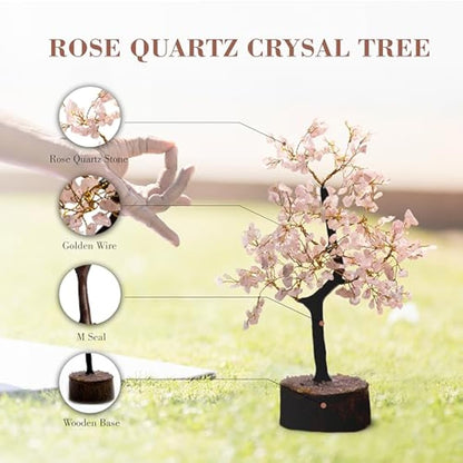 Wonder Care WC Rose Quartz Crystal Tree for Positive Energy, Home Decorations and Healing with M-Seal & Golden Wire | Money Decor Pink Feng Shui (300 Beads)…, quartz_Mseal_Tree