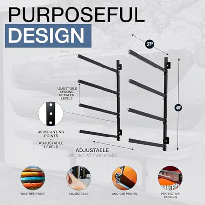 Outdoor 4 Kayak Storage Rack Wall Mount, Holds 400 Lbs, All Weather HeavyDuty Metal Organizer, Adjustable Levels