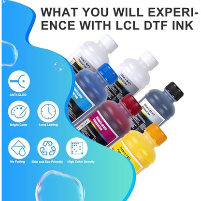 LCL 1500ML Premium DTF Ink Refill for Inkjet Printers Heat Transfer Film Printing (250ml x 6 CMYK 2Wh) Replacement for Epson L800L1800 L805 R1390 4720 I3200 XP600 DX7 DX5 5113 1430 TX800P400 P408 P640