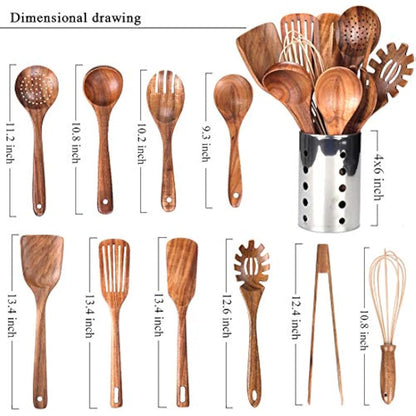 Kitchen Utenails Set with Holder,Kitchen Wooden Utensils for Cooking, Wood Utensil Natural Teak Wood Spoons for Cooking,Wooden Kitchen Utensil Set with Spatula and Ladle (11)
