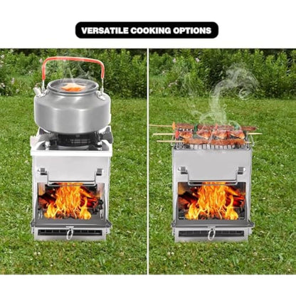 REDCAMP Wood Burning Camping Stove Folding with Pot Stand, Large Portable Stainless Steel 304# Grill Folding Wood Stove for Hiking Picnic Cooking Outdoor，Large
