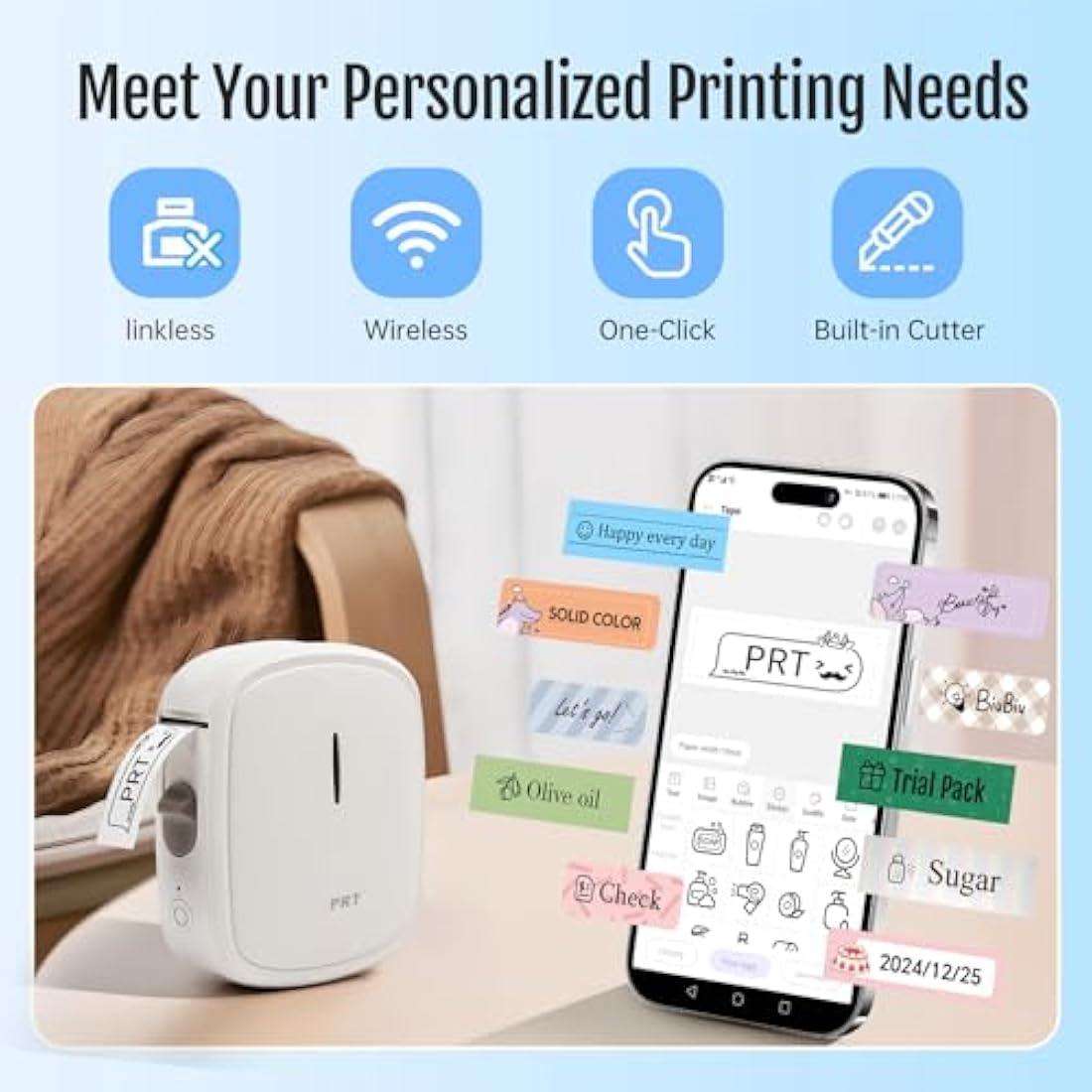 PRT Label Makers Machine with Tape Built-in Cutter Portable Bluetooth Handheld Sticker Printer for Home Office Organization iOS Android Mini Inkless Labeler USB Rechargeable- White