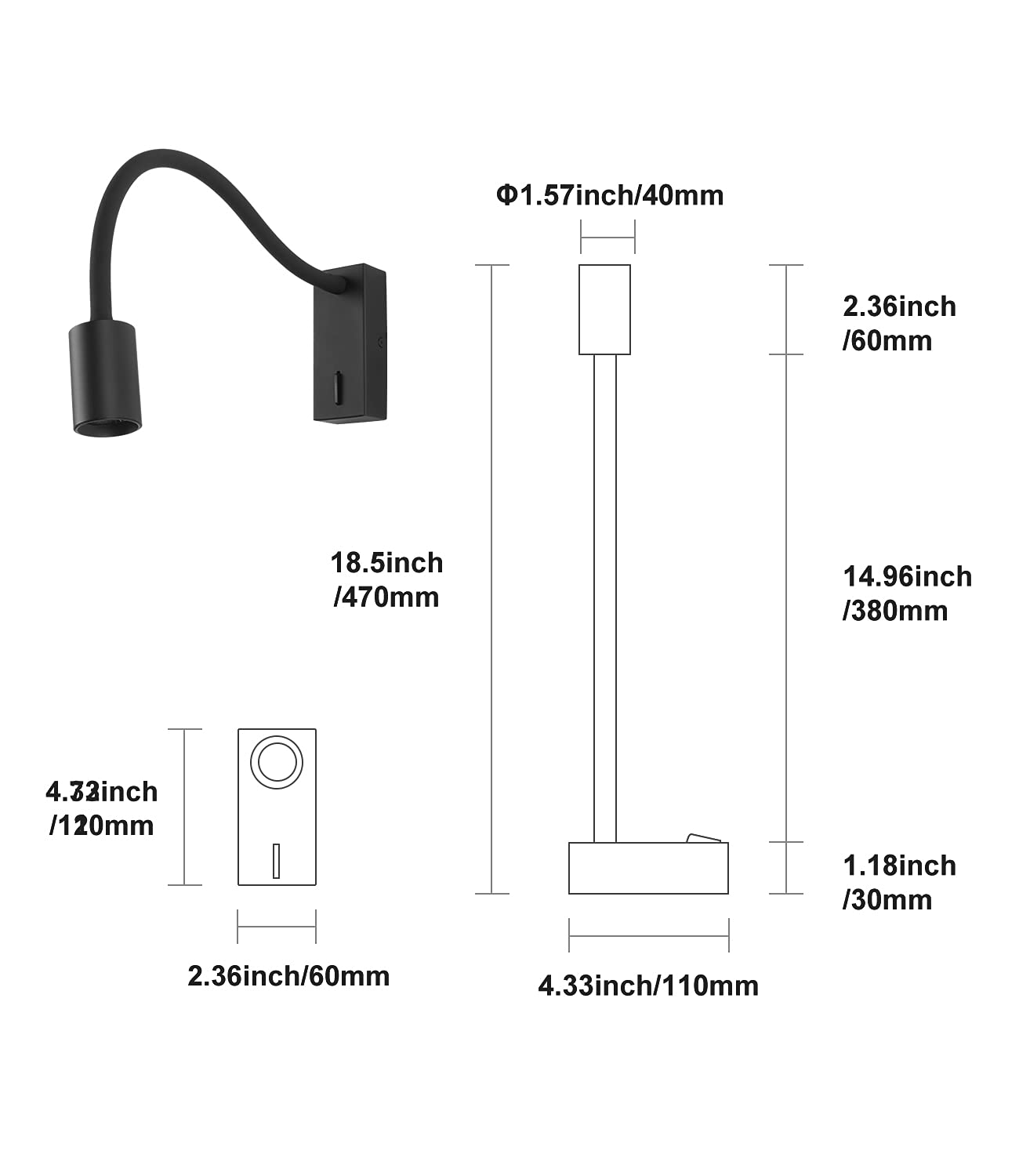 DAWALLIGHT Bedside Wall Lamp with Switch, 5W LED Gooseneck Reading Light Black Wall Mounted Reading Light for Bedroom Bed Hallway Corridor Office