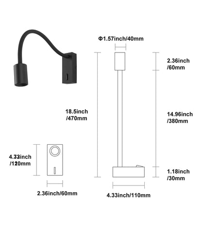 DAWALLIGHT Bedside Wall Lamp with Switch, 5W LED Gooseneck Reading Light Black Wall Mounted Reading Light for Bedroom Bed Hallway Corridor Office