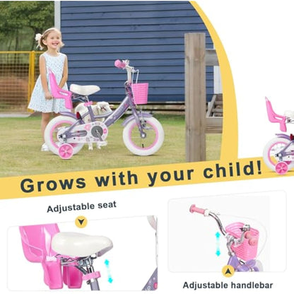 Glerc Maggie 12 Inch Kids Bike for 2-13 Years Old, Girls Bicycle with Doll-Seat & Basket & Stabilisers & Kickstand, Multiple Colors