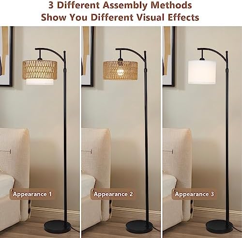 Rayofly Arc Floor Lamp for Living Room, Dimmable Floor Lamps with Remote Control, Boho Standing Lamp with Rattan & Linen Double Shades, Black Reading Tall Lamp for Bedroom Office