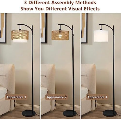 Rayofly Arc Floor Lamp for Living Room, Dimmable Floor Lamps with Remote Control, Boho Standing Lamp with Rattan & Linen Double Shades, Black Reading Tall Lamp for Bedroom Office