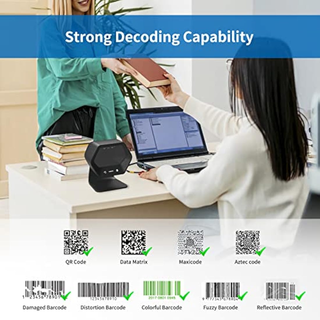 NETUM 1D 2D QR Presentation Scanner Hands-Free USB Barcode Scanner Omnidirectional Wired Bar code Reader for Mobile Payment Computer Screen Scan Support PDF417, Securpharm Code(Data Matrix) NT-7060