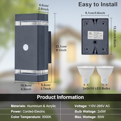 LMP Up Down Outdoor Wall Lights PIR, Motion Sensor Outside Lights Mains Powered, IP65 Square Porch Front Door Light Electric, Waterproof External Modern GU10 LED Lighting Exterior Lamp for House, Grey