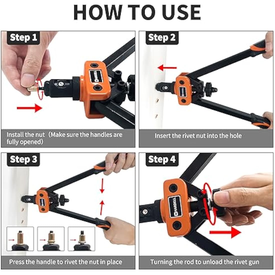 HARDELL Rivet Tool Kits, Rivet Nut Pliers Set, 14" Heavy Duty Hand Rivnut Gun with 150 Rivet Nuts and M3 M4 M5 M6 M8 M10 6 Metric Mandrels，Heat-treated Alloy Steel better for Thick Sheet Steel