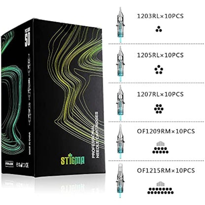 STIGMA 50Pcs Tattoo Cartridges Needles Disposable Mixed #12 Standard Round Liner Curved Magnum Shader 3RL 5RL 7RL 9RM 15RM EN02B-50KIT-X