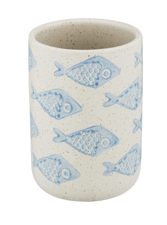 WENKO Toothbrush Cup Model Aquamarine Toothbrush Holder for Toothbrush and Toothpaste Made of Elegant Ceramic in Matte White with Blue Maritime